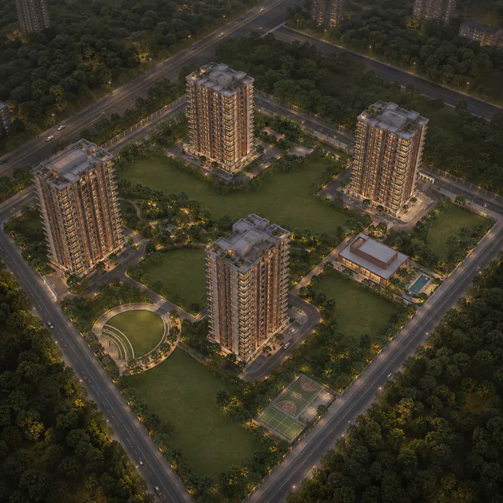 Nambiar Kannamangala aerial view - four Ground+20 blocks on twelve acres around the central green spine Nambiar Kannamangala aerial view - four Ground+20 blocks on twelve acres around the central green spine