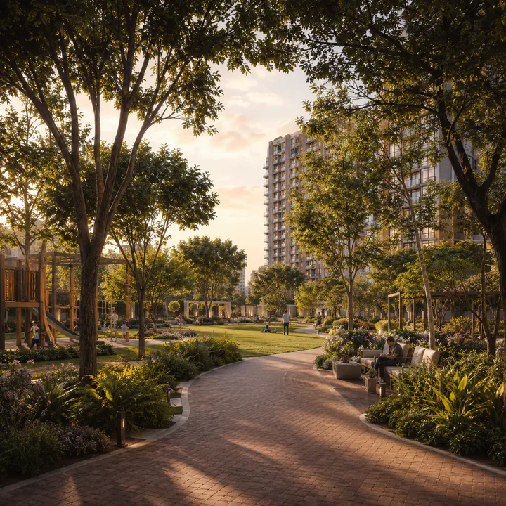 Nambiar Kannamangala landscaped central green spine with shaded walkways and specimen tree canopy Nambiar Kannamangala landscaped central green spine with shaded walkways and specimen tree canopy