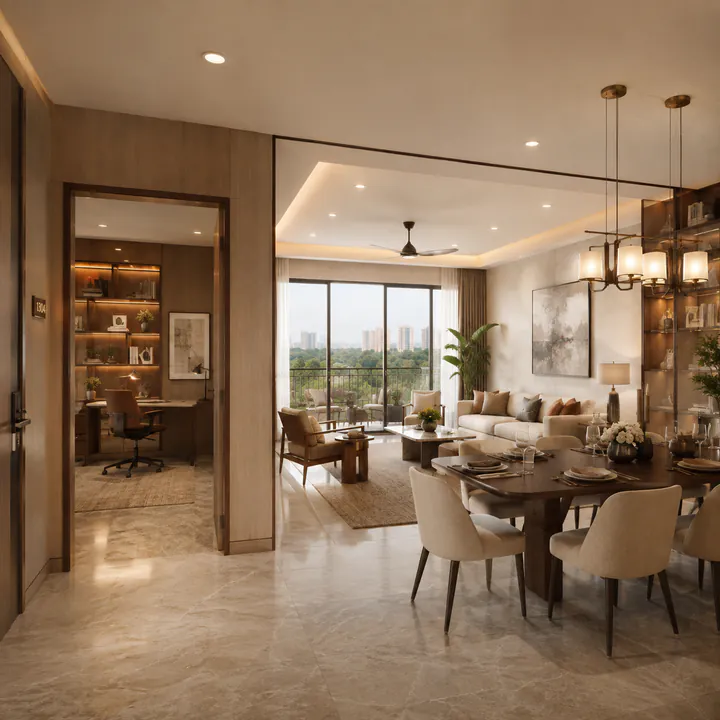 Nambiar Kannamangala apartment interior - living and dining volume with the balcony beyond Nambiar Kannamangala apartment interior - living and dining volume with the balcony beyond