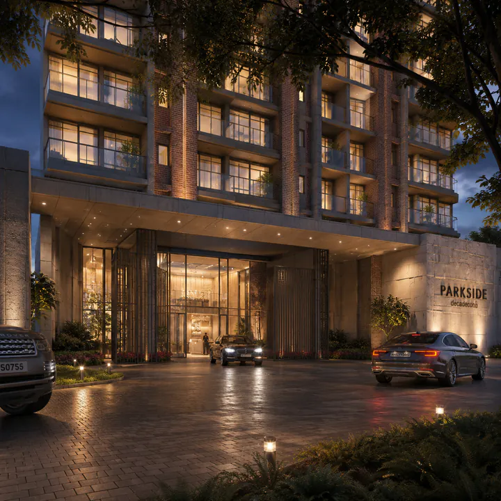 Nambiar Kannamangala double-height entrance lobby with landscaped forecourt beyond Nambiar Kannamangala double-height entrance lobby with landscaped forecourt beyond
