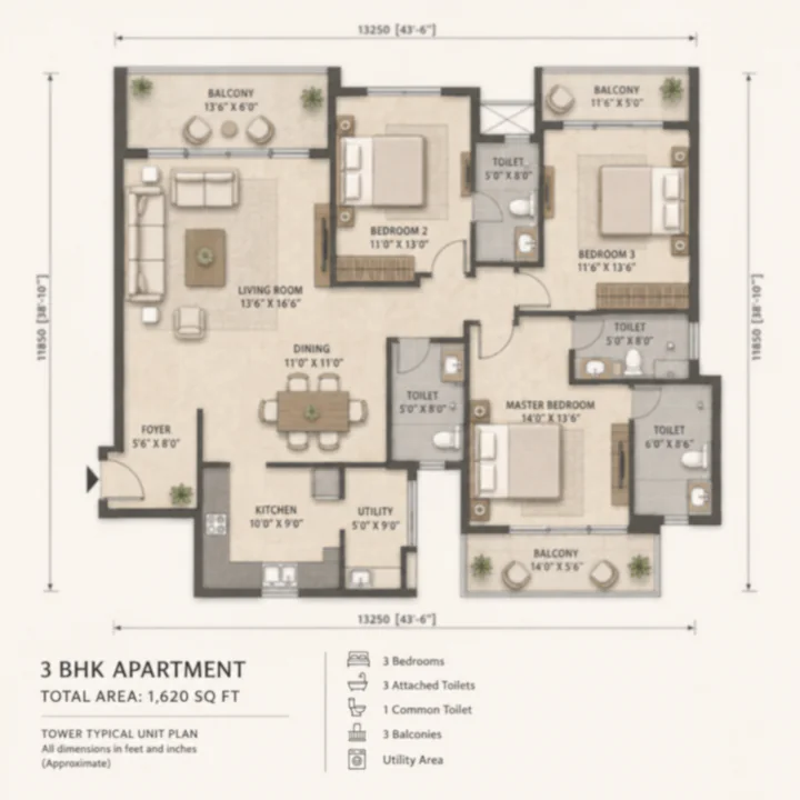 Nambiar Kannamangala 3 BHK apartment floor plan, 1,540–1,760 sq ft Nambiar Kannamangala 3 BHK apartment floor plan, 1,540–1,760 sq ft